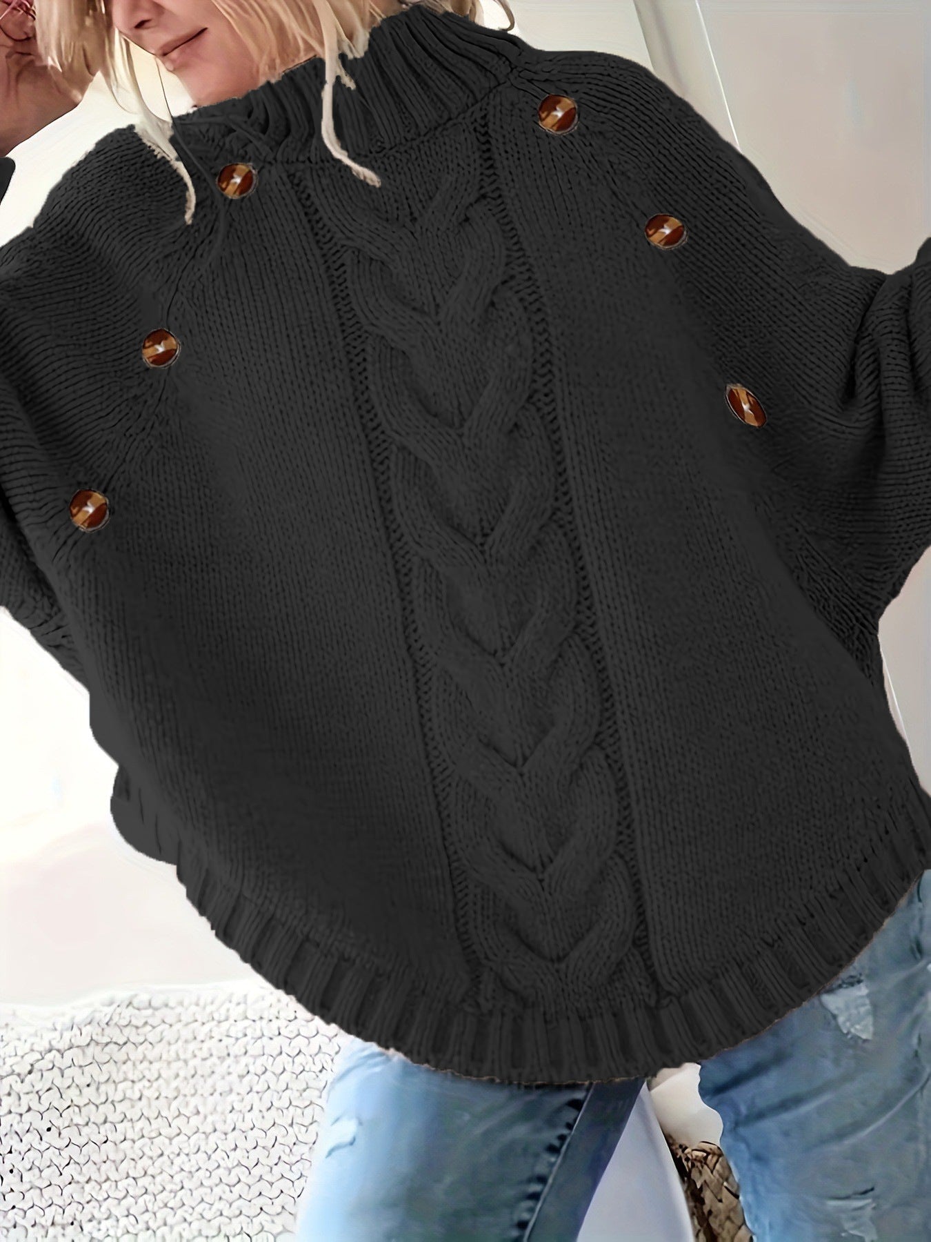 Damen Oversized Strickpullover mit Hochkragen und dekorativen Knopfdetails Krohn-e