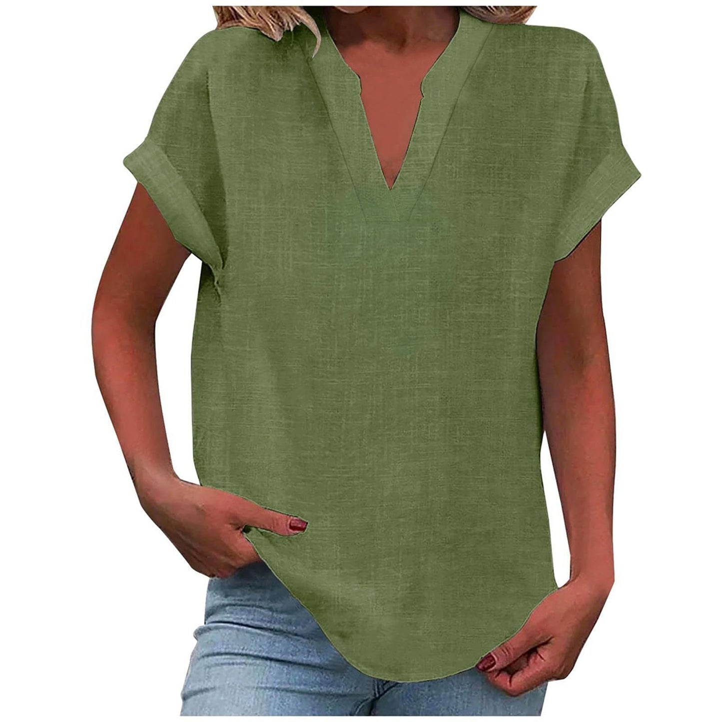 KROHN-E Damen V-Ausschnitt Bluse Relaxed Fit Leichter Stoff Weiß