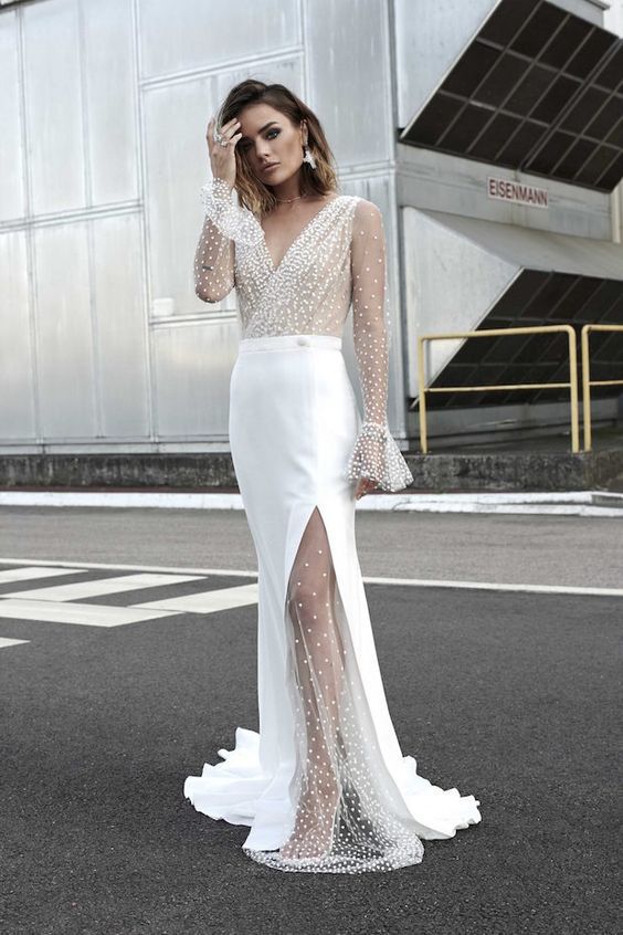Damen Hochgeschlitztes Abendkleid mit transparentem Oberteil und Perlenapplikationen Krohn-e