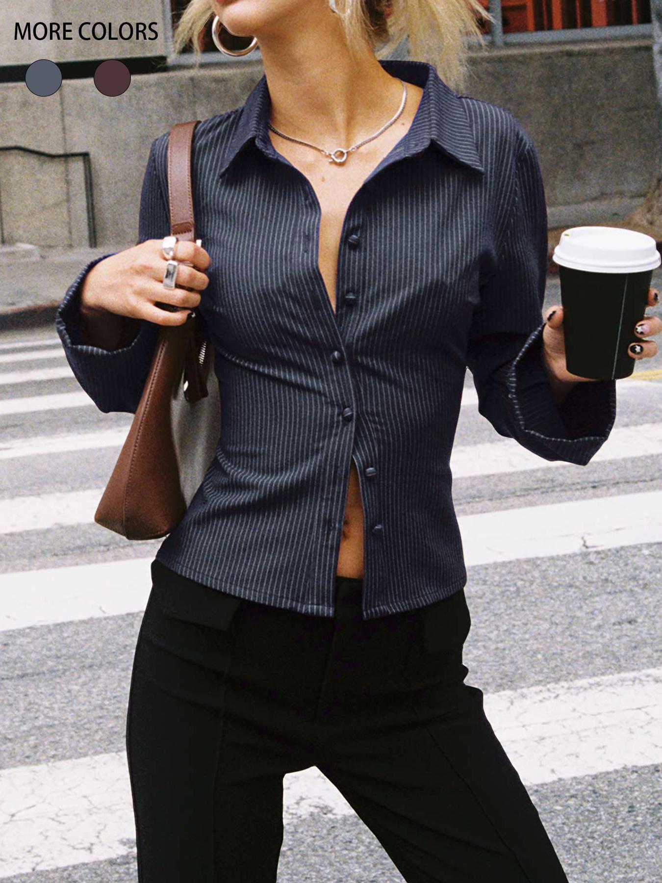 Damen taillierte Hemdbluse mit Klappkragen und feinen Streifen Krohn-e