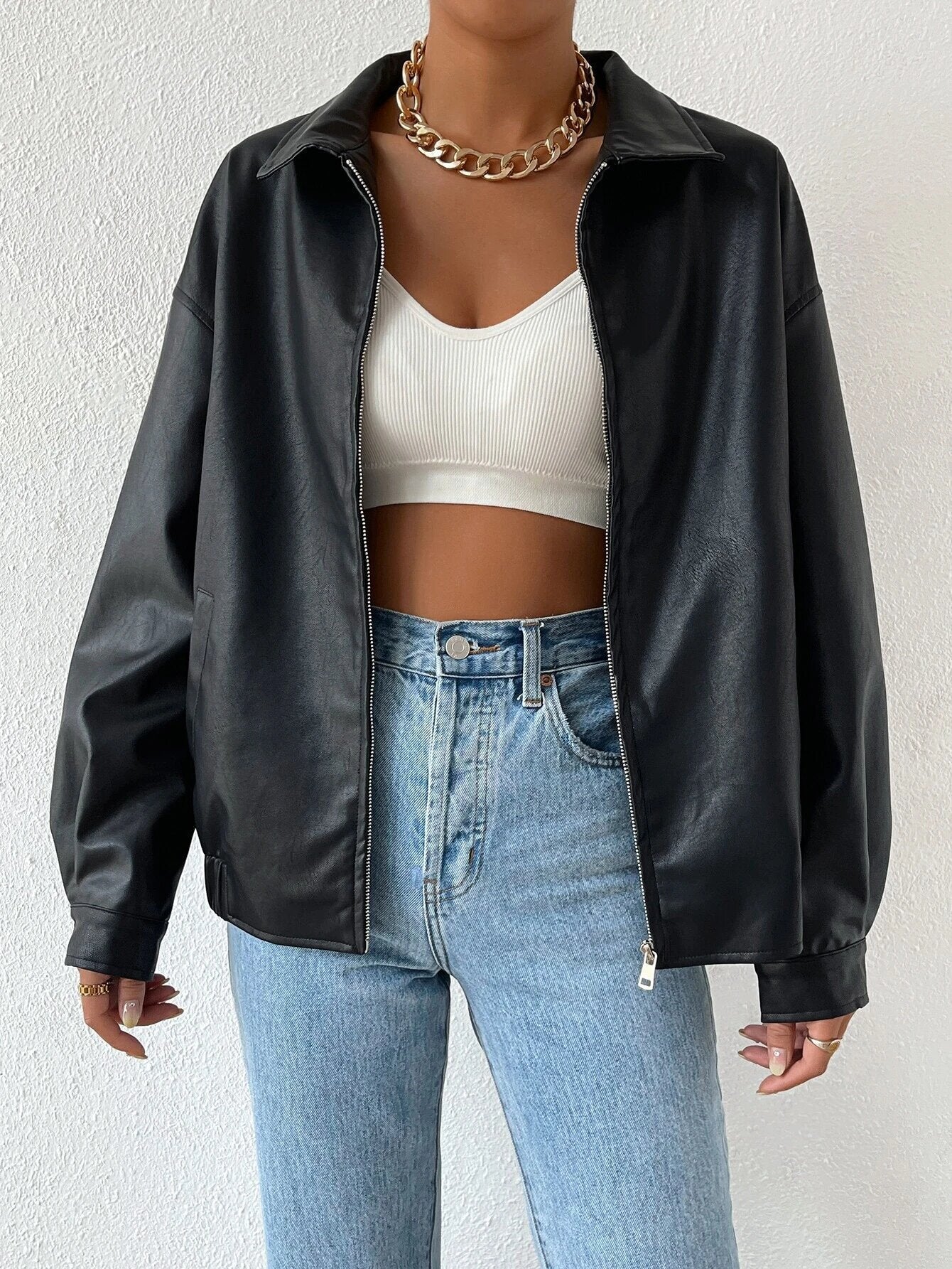 Damen trendige Kunstlederjacke im modernen Schnitt mit lässigem Reißverschluss Krohn-e