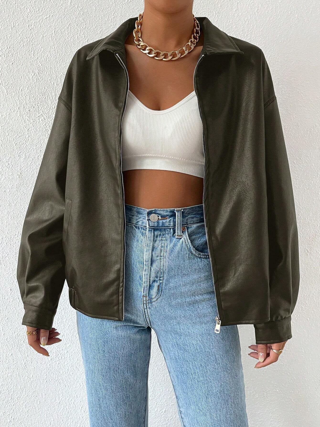 Damen trendige Kunstlederjacke im modernen Schnitt mit lässigem Reißverschluss Krohn-e