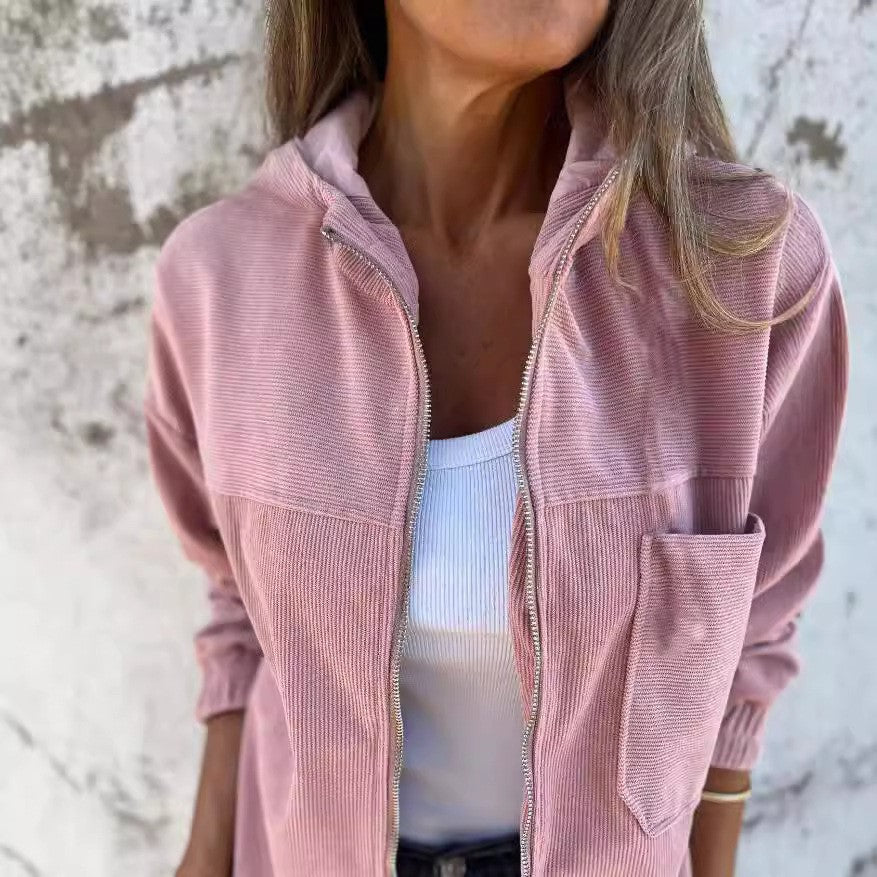 Damen lässige Cordjacke mit praktischen Taschen und elegantem Reißverschluss Krohn-e