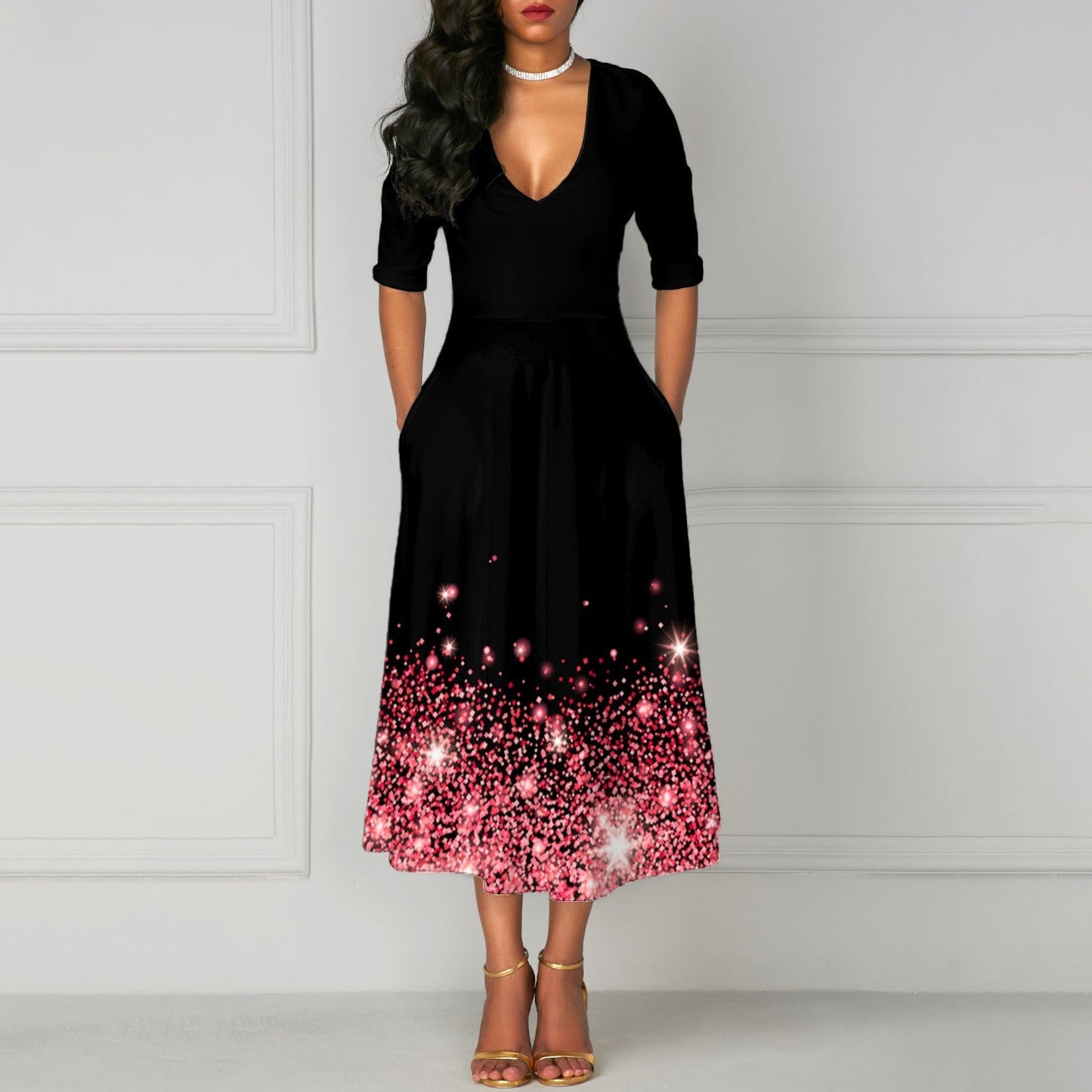 Fudus Elegantes V-Ausschnitt Kleid mit Taschen und fünf Ärmeln