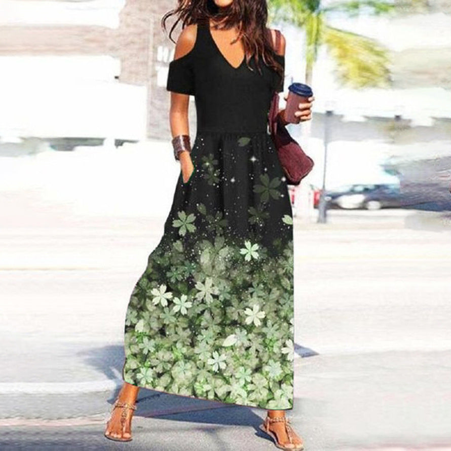 Elegantes Blumenmuster-Kleid mit V-Ausschnitt und off-shoulder Schnitt von Fudus