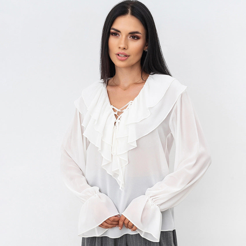 Lose Bluse mit V-Ausschnitt und Schnürung von Fudus
