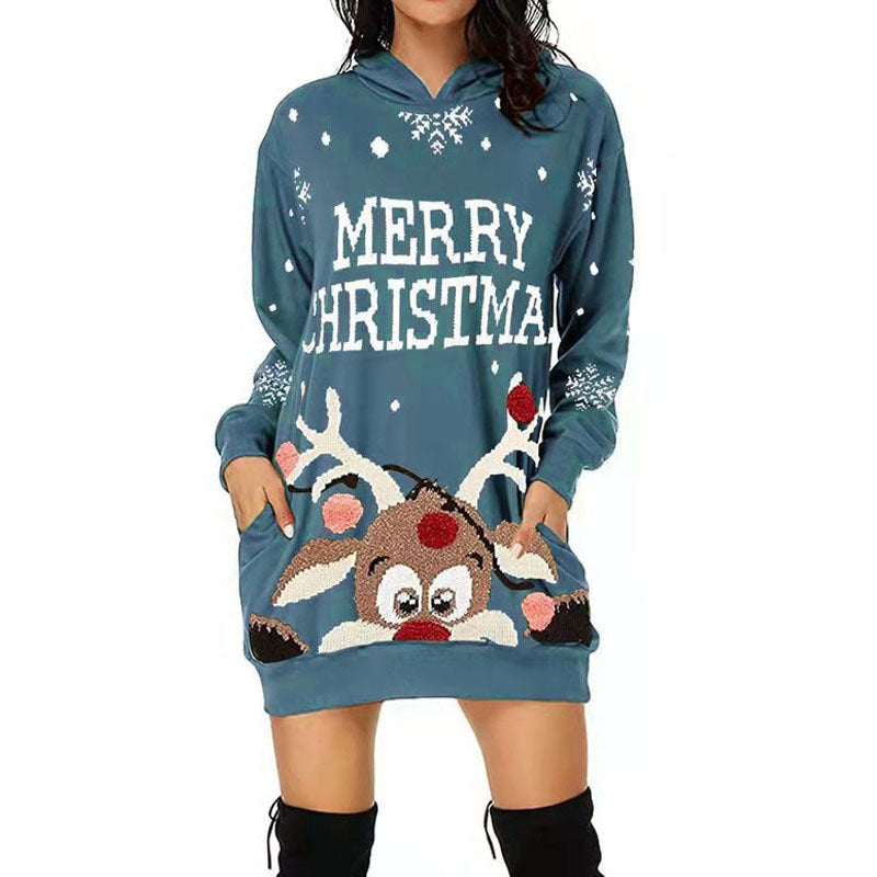 Damen Kapuzenkleid mit niedlichem Rentiermotiv und weihnachtlichem Schriftzug Krohn-e