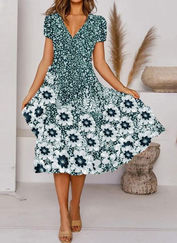 Fudus Mini Kleid mit Blumenmuster und V-Ausschnitt für den internationalen Versand