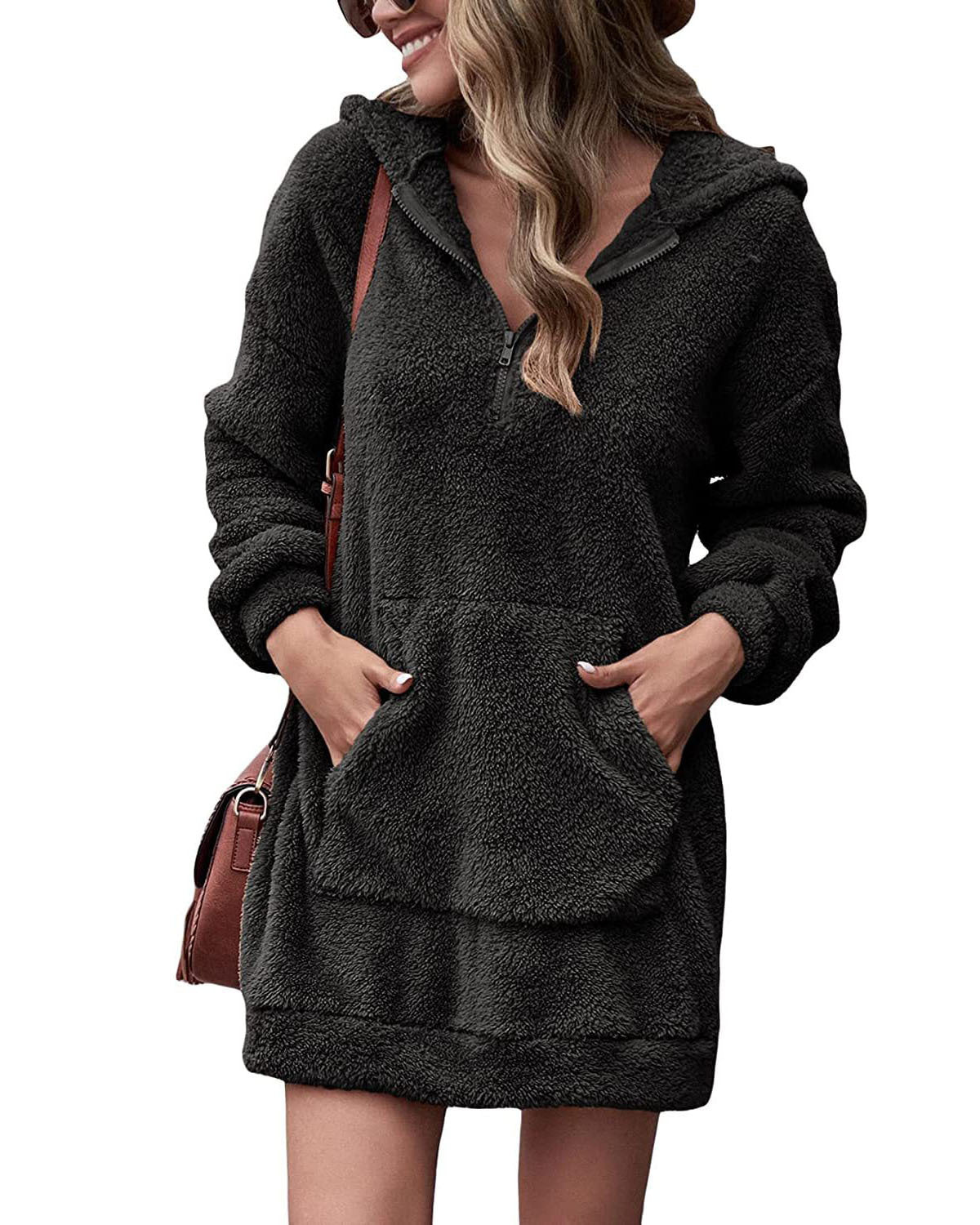 Damen Fleece-Kapuzenkleid mit Taschen und Reißverschluss Krohn-e
