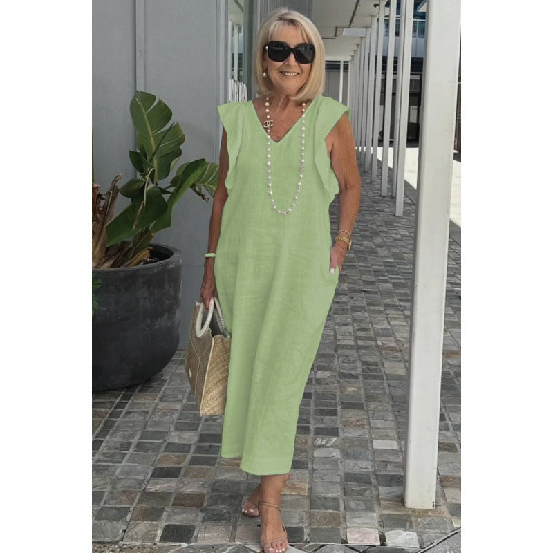 Elegant Fudus Cotton-Linen Dress with Flutter Sleeves and Back Tie