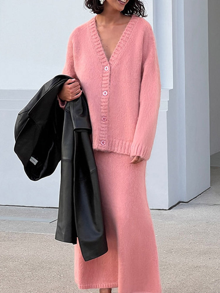 Damen kuschelige Strickjacke und Wadenlanger Rock Set Krohn-e