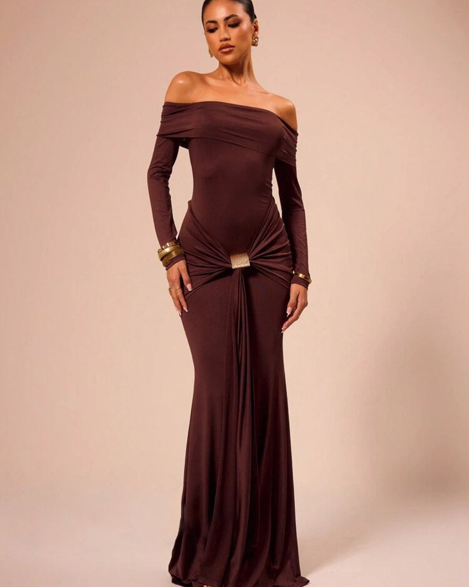 Damen Elegantes Off-Shoulder Maxikleid mit Raffungen Krohn-e
