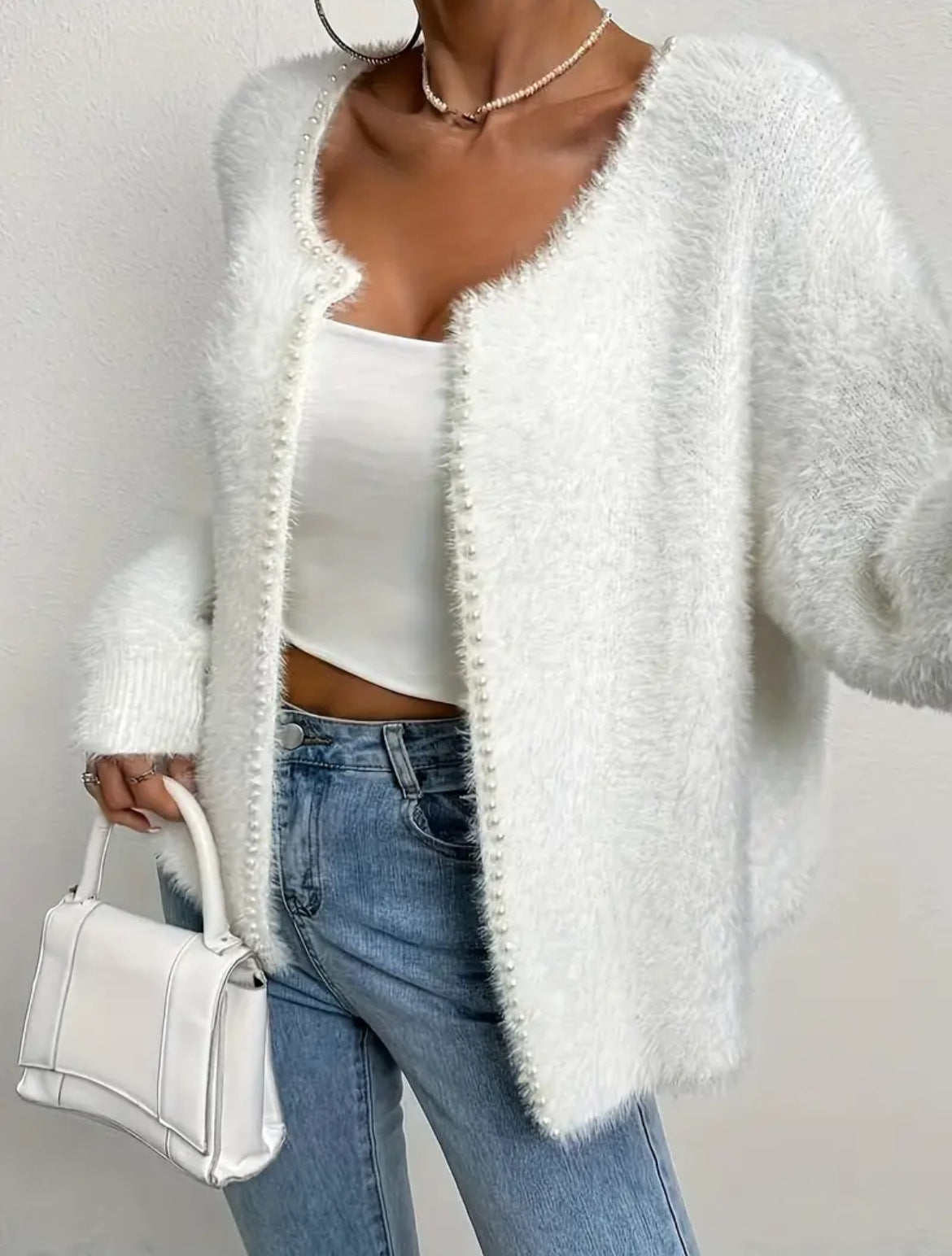 Damen Flauschiger Cardigan mit Perlknöpfen und lässigem Schnitt Krohn-e