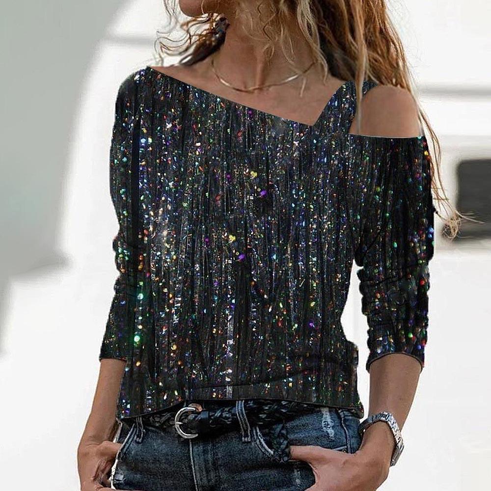 Modisches Off-Shoulder T-Shirt mit 3/4 Ärmeln im Marmor-Look von Fudus