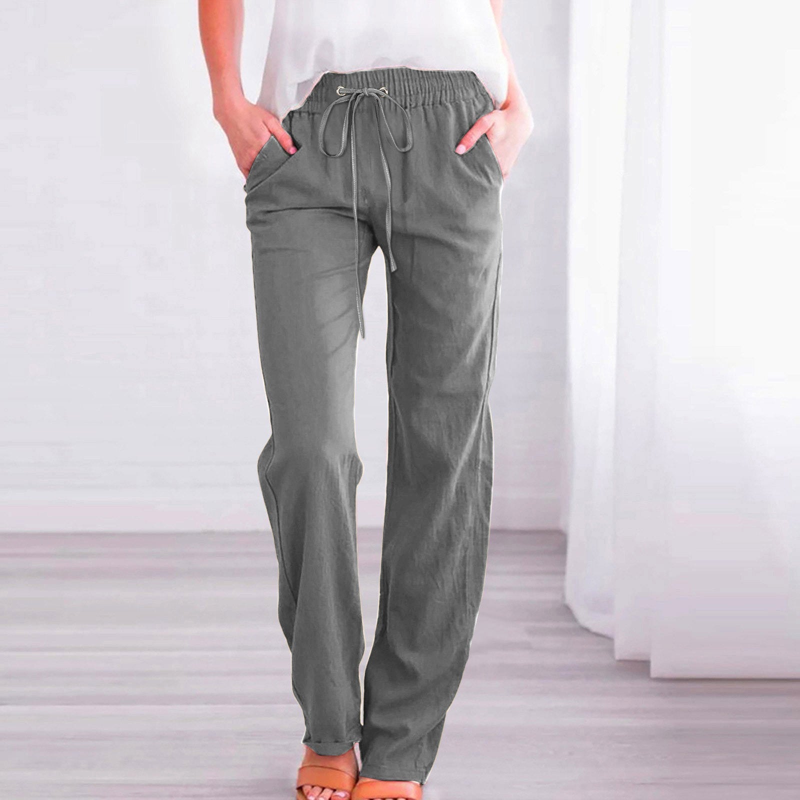 Damen Bequeme Leinen-Hose mit elastischem Bund und Taschen Krohn-e