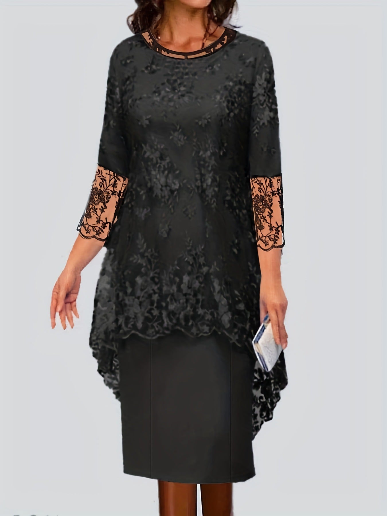 Damen Elegantes Blusen-Kleid mit floralen Spitze-Ärmeln und schwingendem Saum Krohn-e