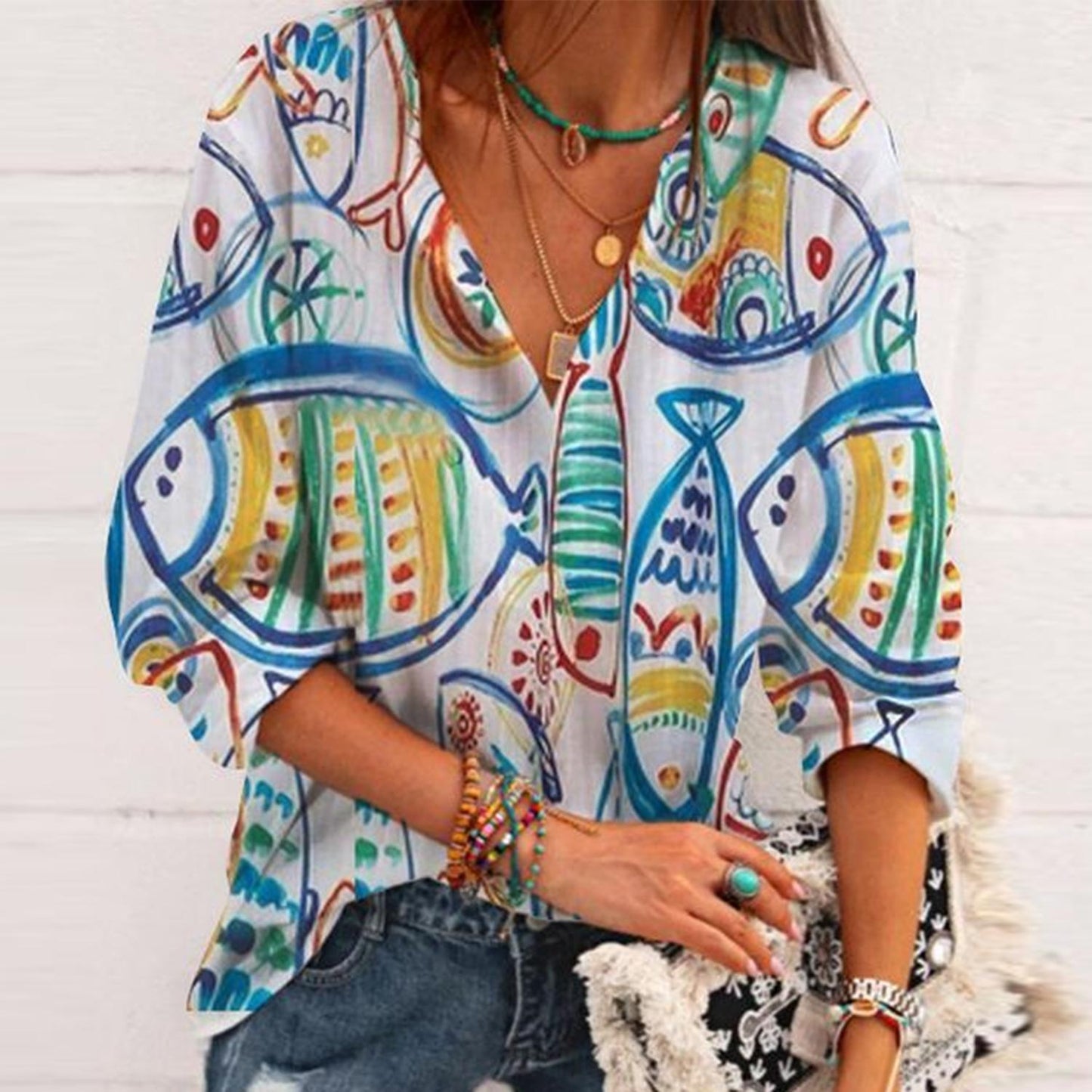 Fudus modischer Druck V-Ausschnitt, elastische 3/4-Arm Bluse