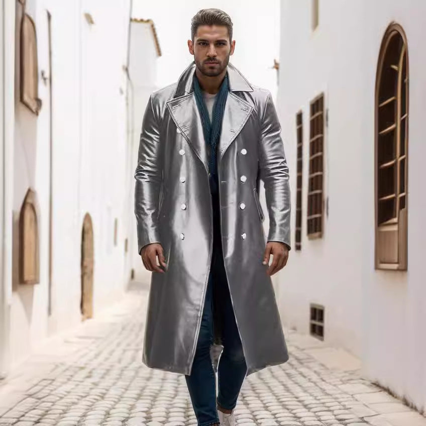Herren hochwertiger Langmantel aus glänzendem Material mit doppelter Knopfreihe Krohn-e