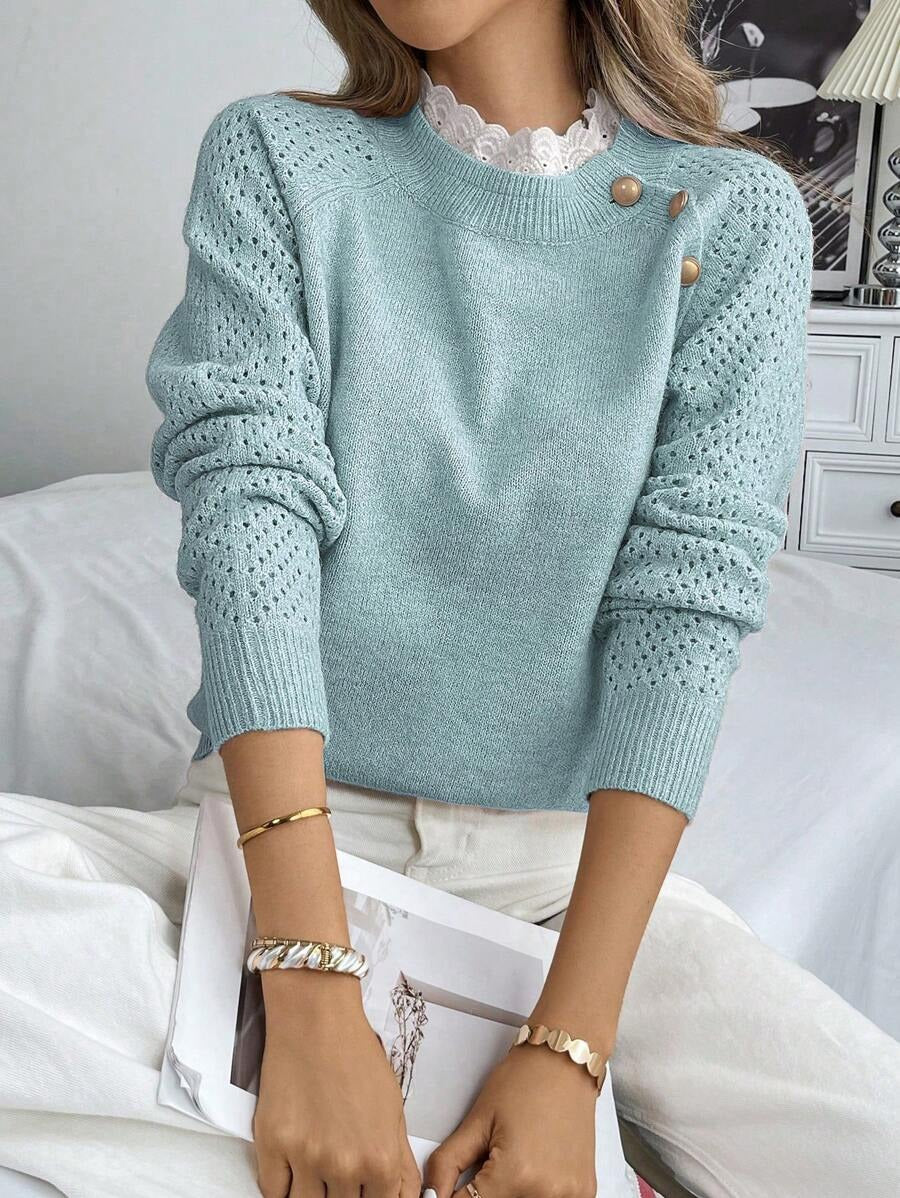 Damen Strickpullover mit dekorativen Knopfdetails und Lochmuster Krohn-e