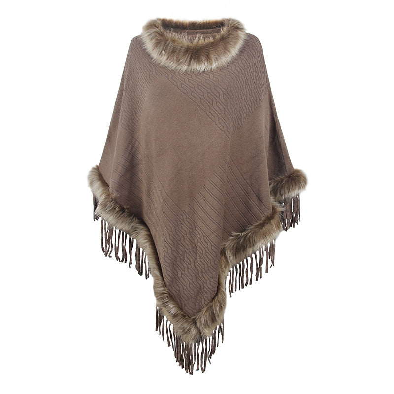 Damen eleganter Poncho mit luxuriösem Kunstfellkragen und dekadenten Fransen Krohn-e