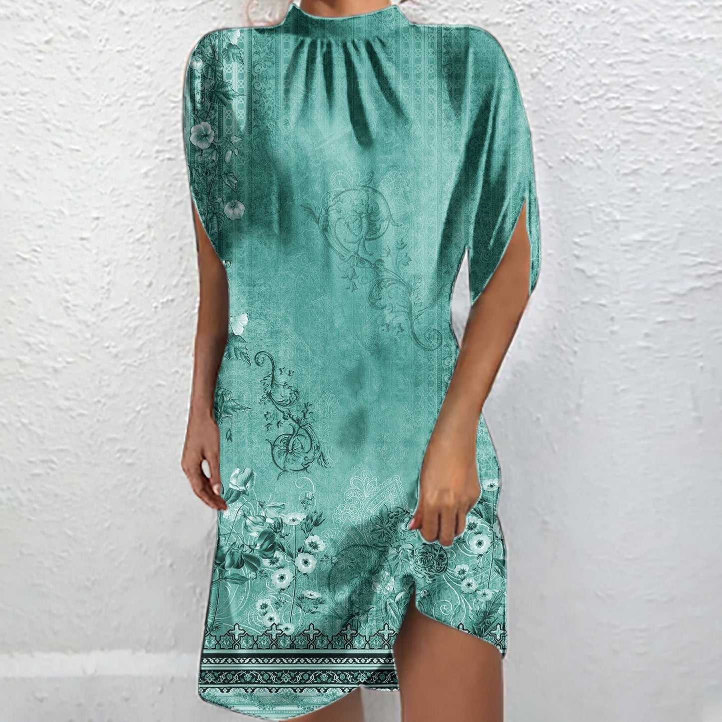 Schicke bedruckte Kurzarm-Batwing-Bluse mit Stehkragen von Fudus