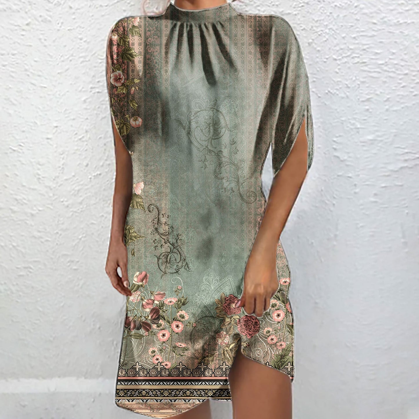 Schicke bedruckte Kurzarm-Batwing-Bluse mit Stehkragen von Fudus