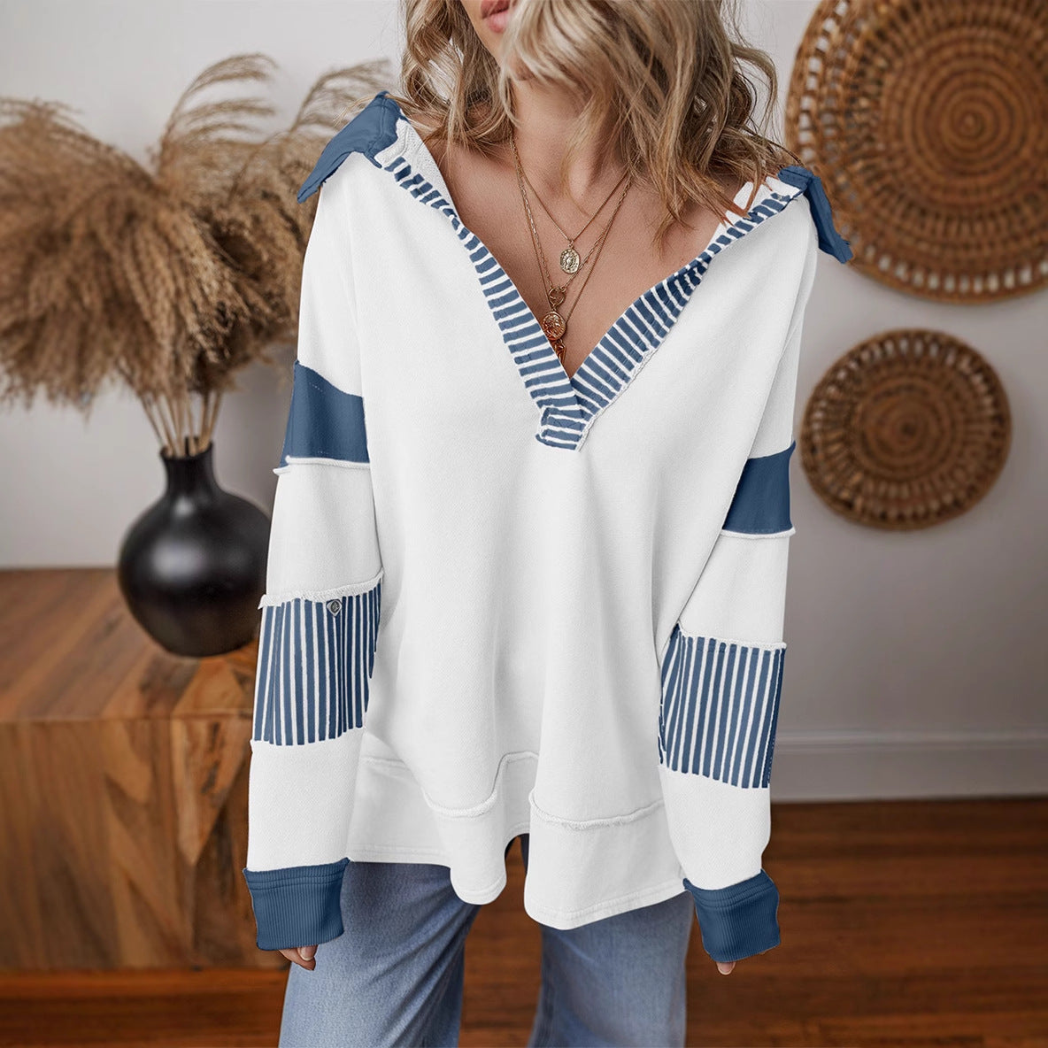 Damen lässiger Pullover mit Hemdkragen und gestreiften Ärmeln Krohn-e