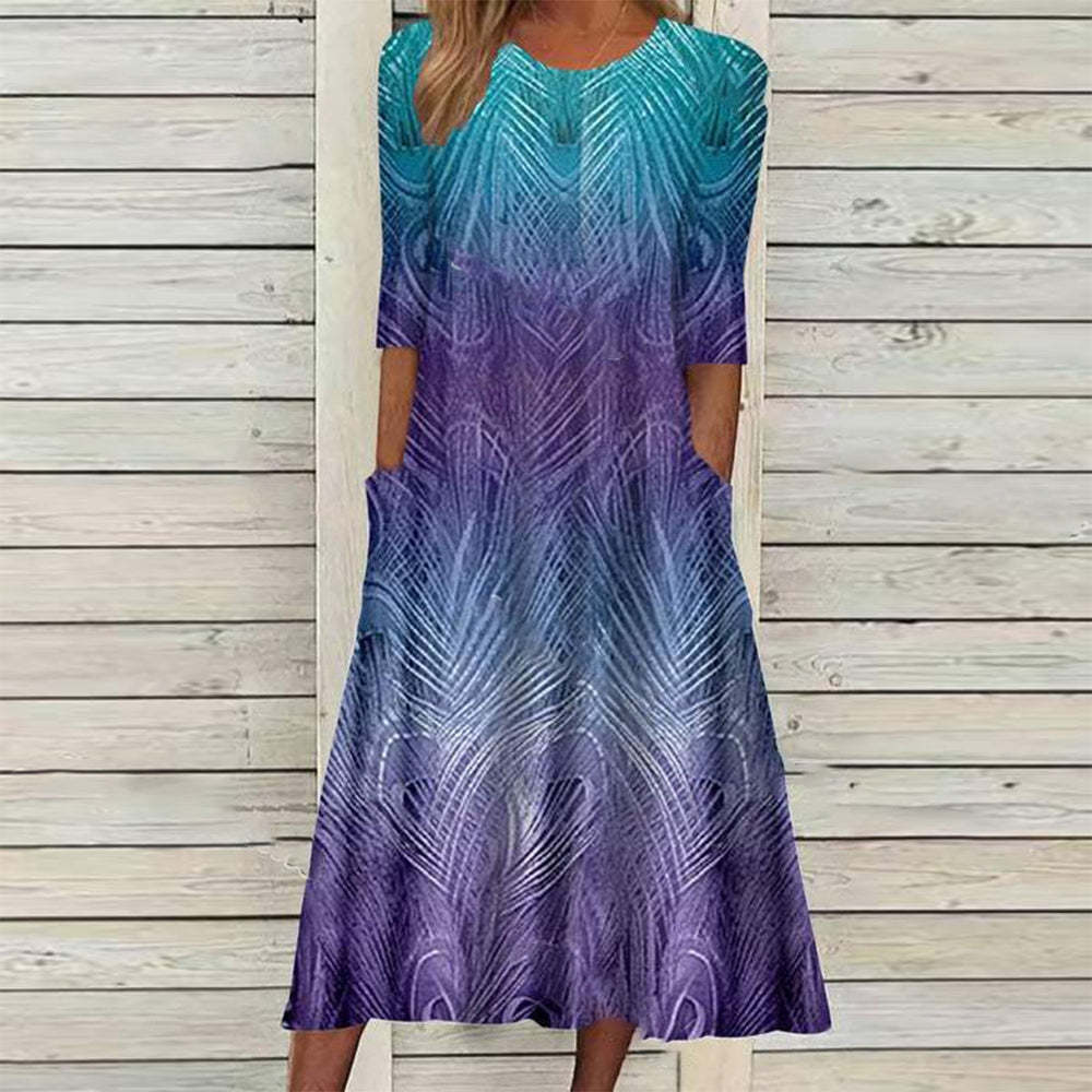 Fudus Damen Kurzarm-Kleid mit Rundhalsausschnitt und lässigem Print