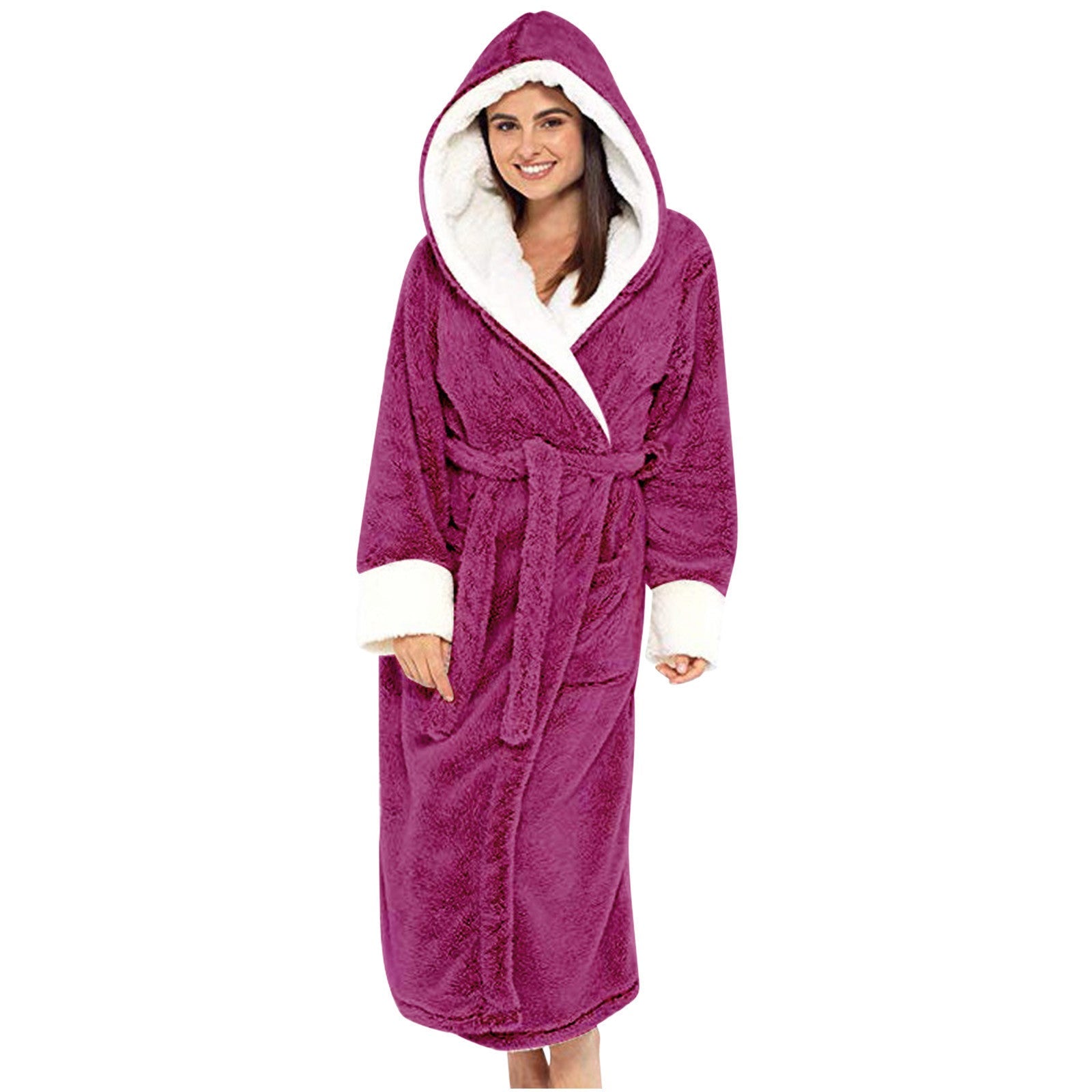 Damen Kuscheliger Fleece-Morgenmantel mit Kapuze und Gürtel Krohn-e