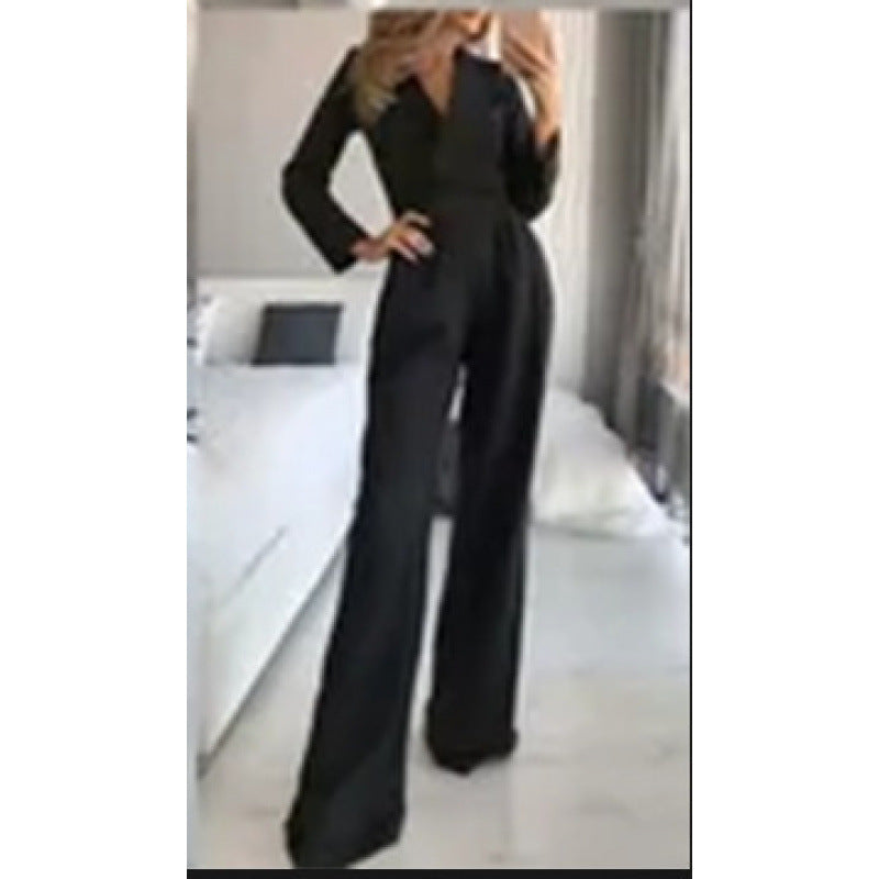 Damen eleganter Jumpsuit mit langem Bein und klassischem Schauspielkragen Krohn-e
