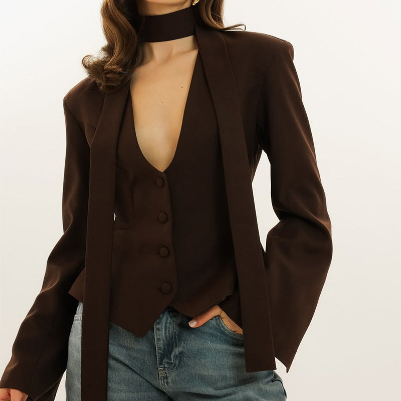 Damen taillierte Blazer-Top mit schmalem Kragen Krohn-e