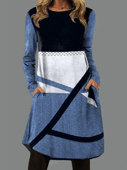 Fudus modisches Rundhals-Langarm-Kleid mit Tasche und Print