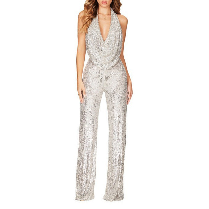 Damen Glitzerndes Jumpsuit mit tiefem V-Ausschnitt und weitem Bein Krohn-e