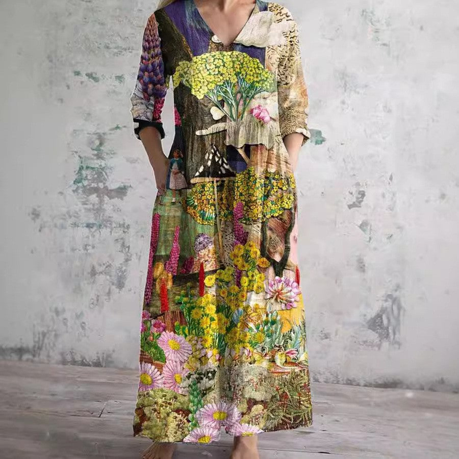 Fudus schickes Midikleid mit V-Ausschnitt und Print