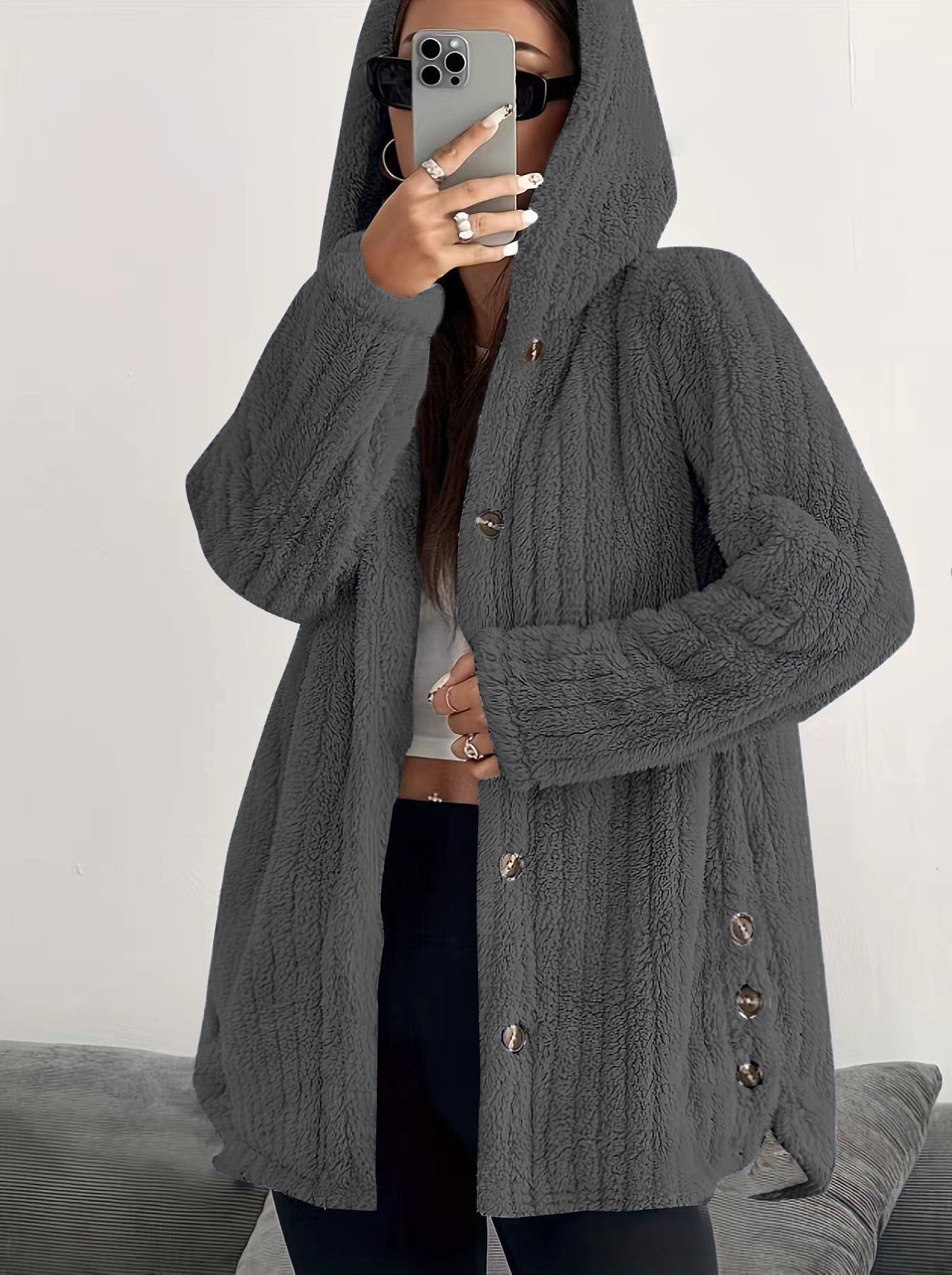KROHN-E Damen Kapuzen-Cardigan Lange Ärmel Vordertaschen Winter