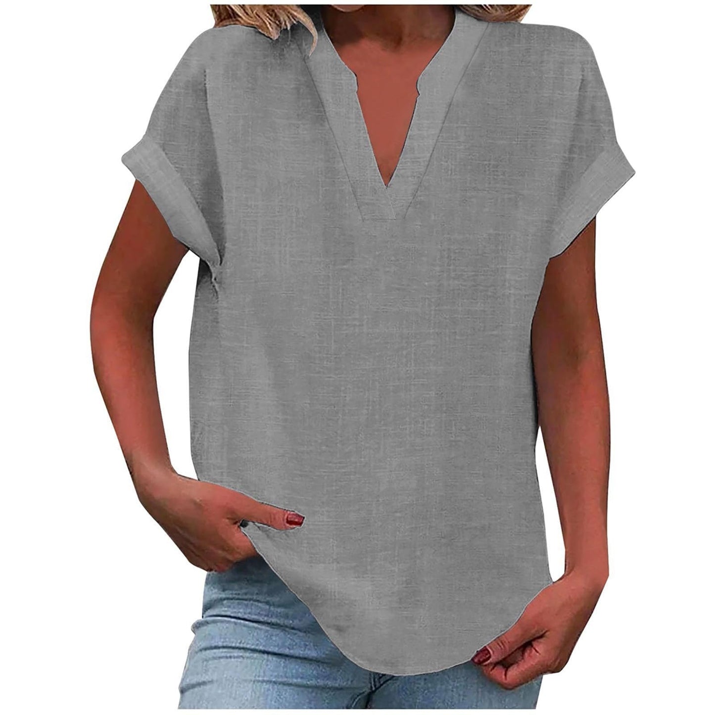 KROHN-E Damen V-Ausschnitt Bluse Relaxed Fit Leichter Stoff Weiß