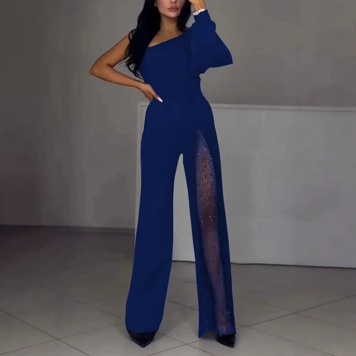 Asymmetrischer einseitiger Damen-Jumpsuit mit Paillettenpanel Krohn-e