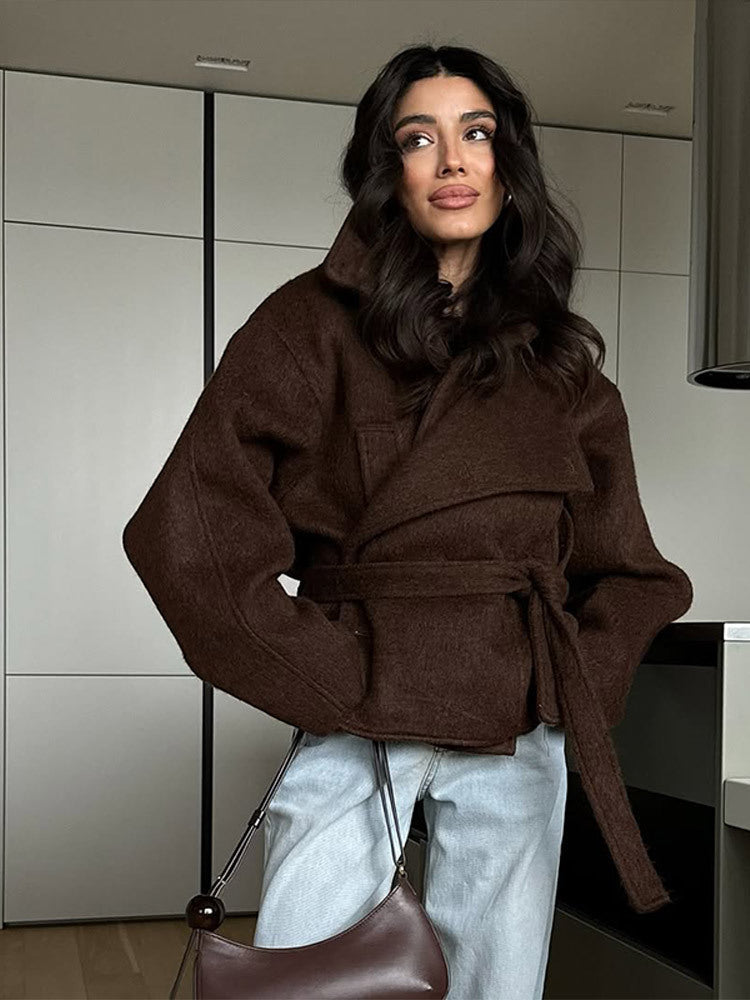 Damen elegante Oversized-Wolljacke mit Gürtel Krohn-e