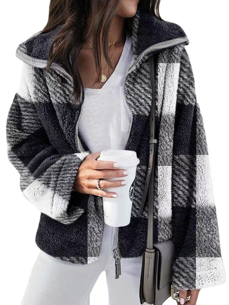 Damen kuschelige Fleecejacke mit Karomuster und hohem Kragen Krohn-e