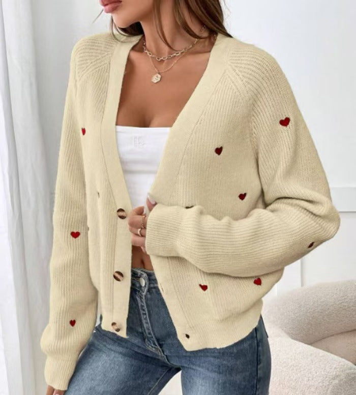 Damen lässige Strickjacke mit Herzapplikationen und tiefem V-Ausschnitt Krohn-e