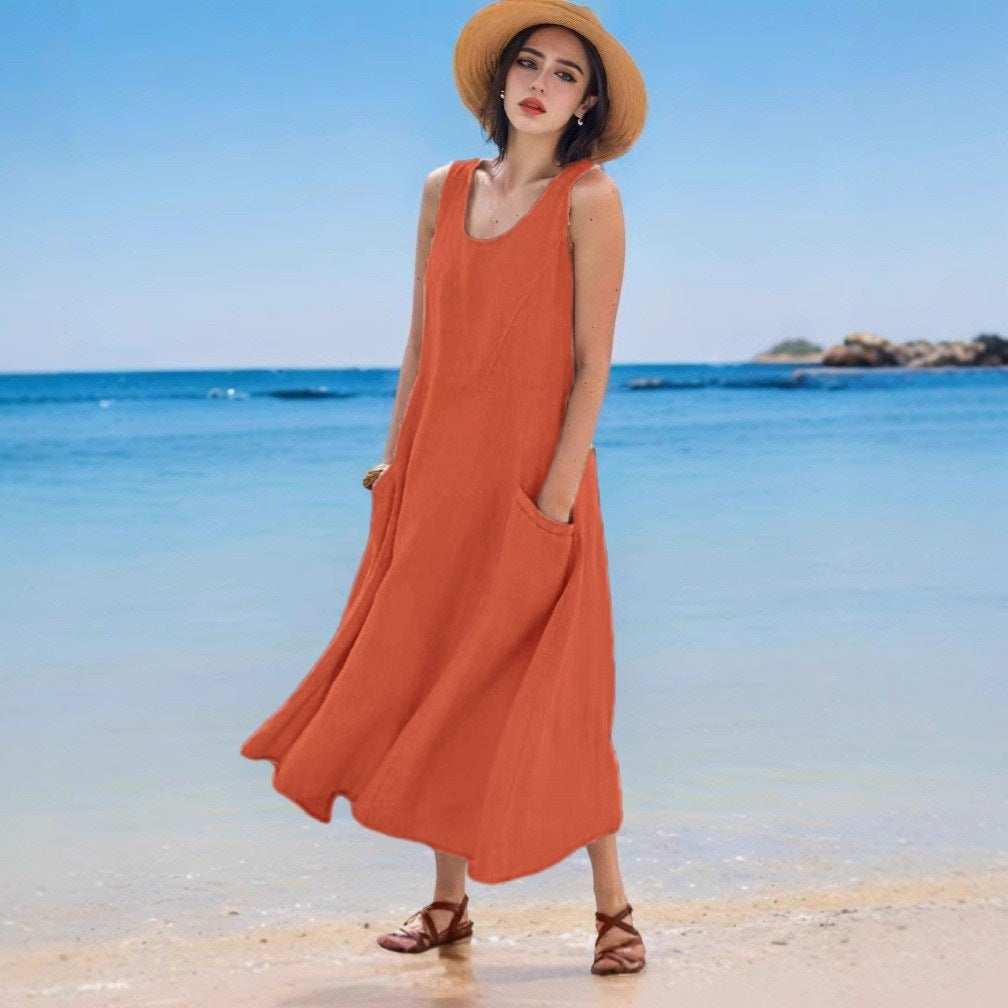 Sommerkleid aus Leinen, ärmellos, Rundhals, mit Tasche von Fudus