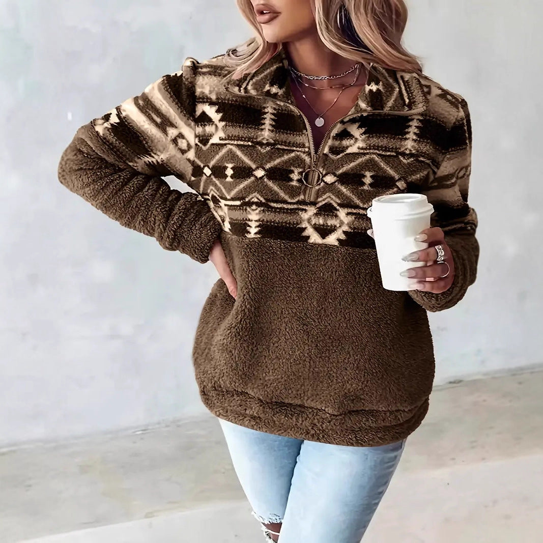 Damen Fleece-Pullover mit modernem Aztekenmuster und Stehkragen Krohn-e