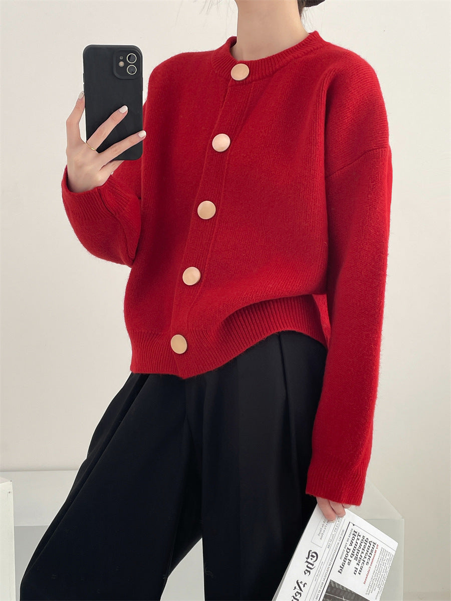Damen Oversized Strickjacke mit großen Holzknöpfen und weitem Schnitt Krohn-e