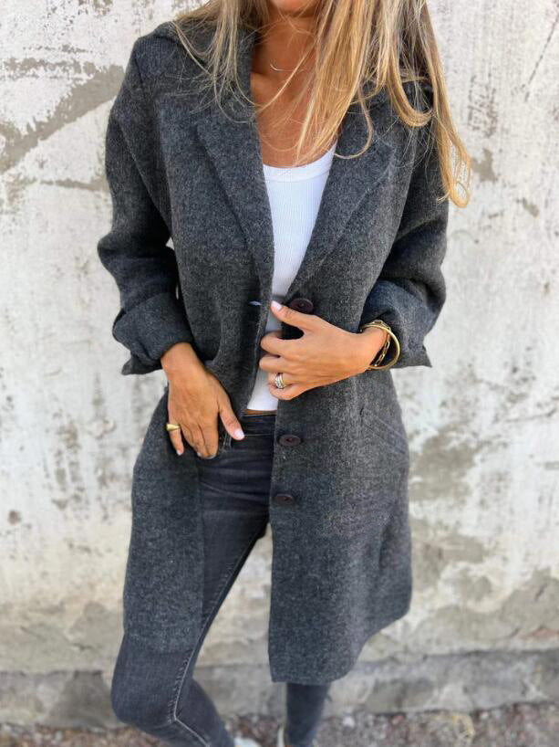Krohn-e | Mittellanger Mantel - Lockere Passform - Woll-Look - Reverskragen - Einreihe Knopfverschluss