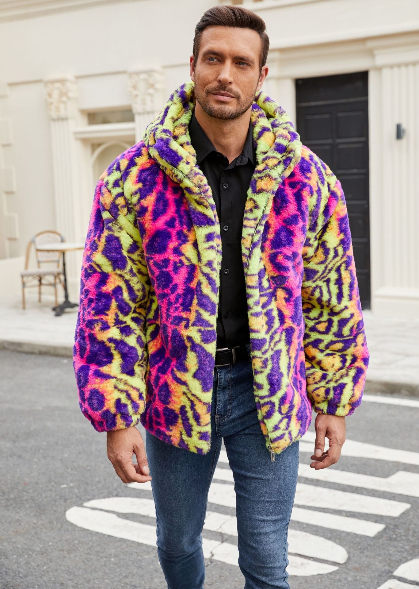 Herren Plüschjacke mit auffälligem Tierprint und Kapuze Krohn-e