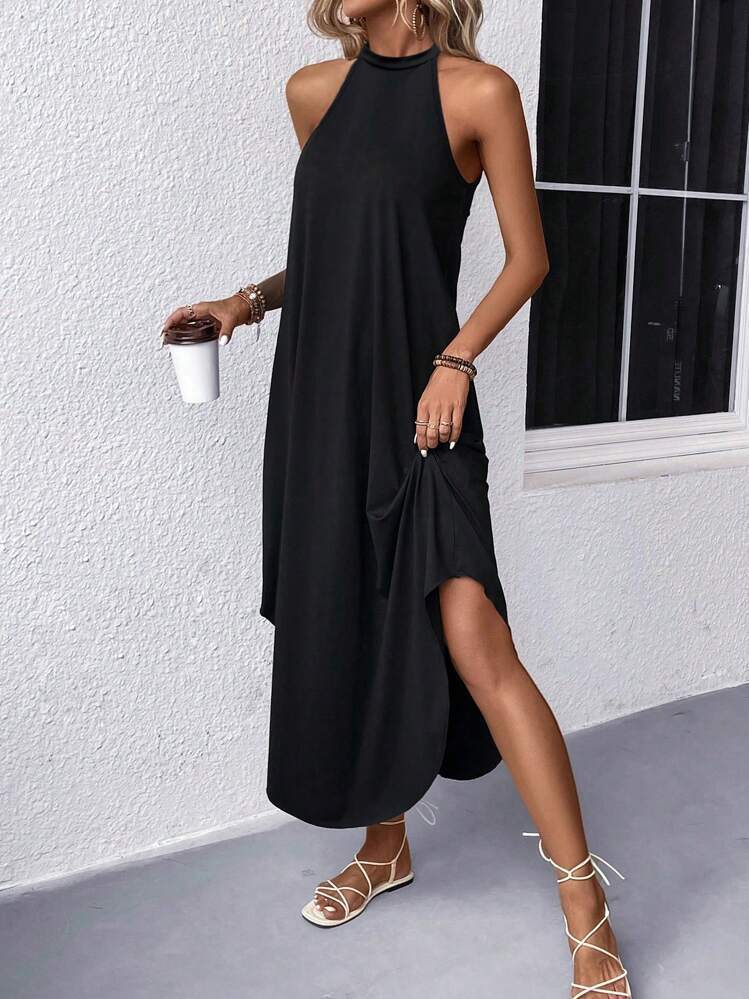 Damen lässiges Sommermaxikleid mit elegantem Halternetz und praktischen Taschen Krohn-e