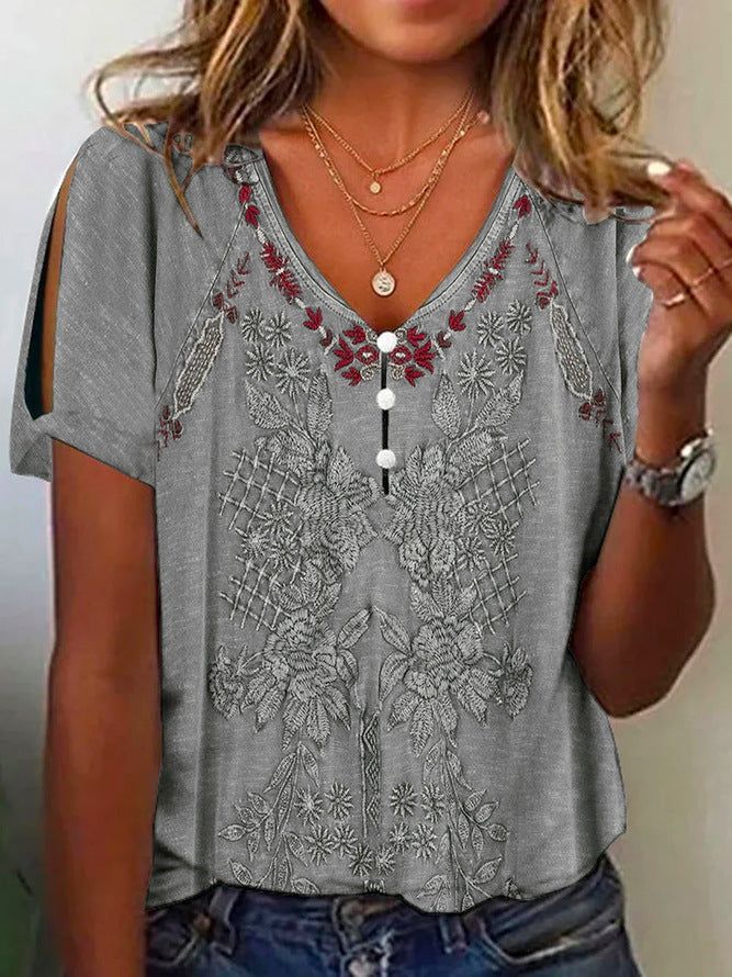 Damen Kurzarmbluse mit floralen Stickereien und Knopfdetails Krohn-e