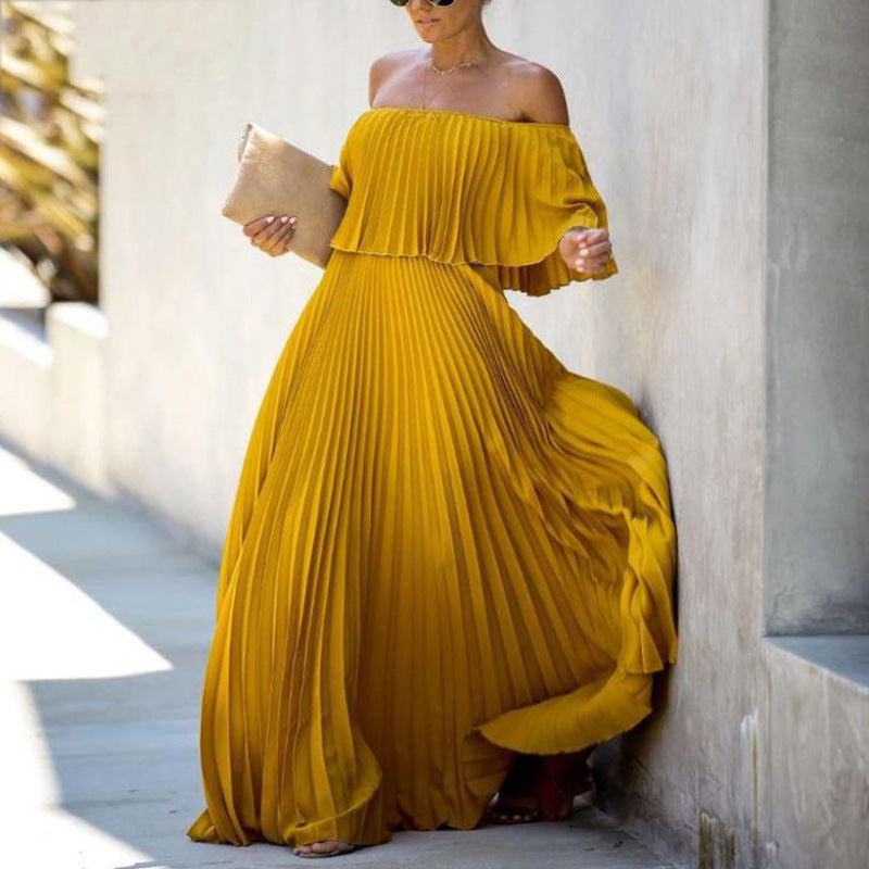 Damen Maxikleid mit asymmetrischem Plisseefall und schulterfreiem Design Krohn-e