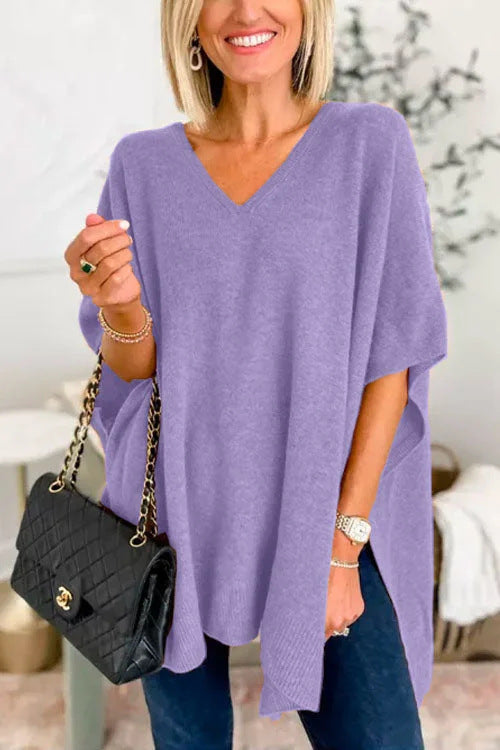 Damen lässiger Strickponcho mit V-Ausschnitt und überschnittenen Ärmeln Krohn-e