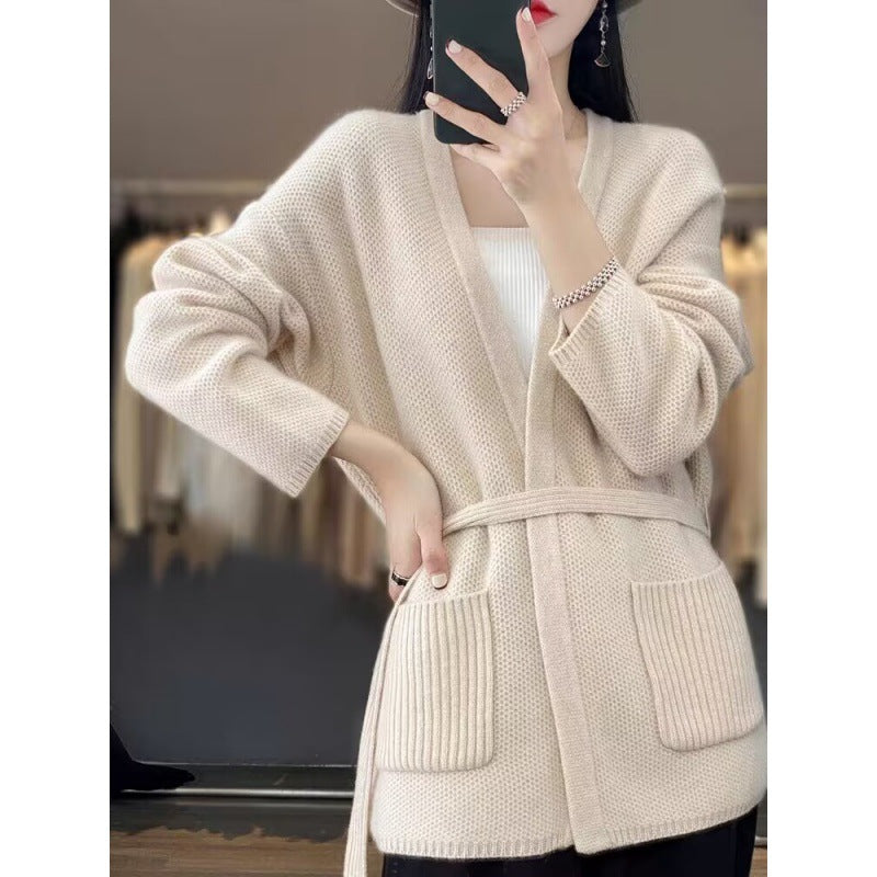 Damen bequeme Strickjacke mit Taillengürtel und Taschen Krohn-e